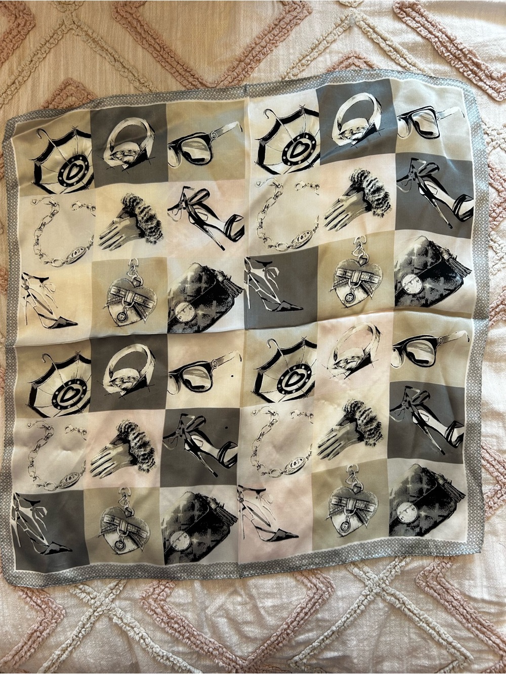 Silk Neutral Patterned Women's Square Scarf - Gray, Black